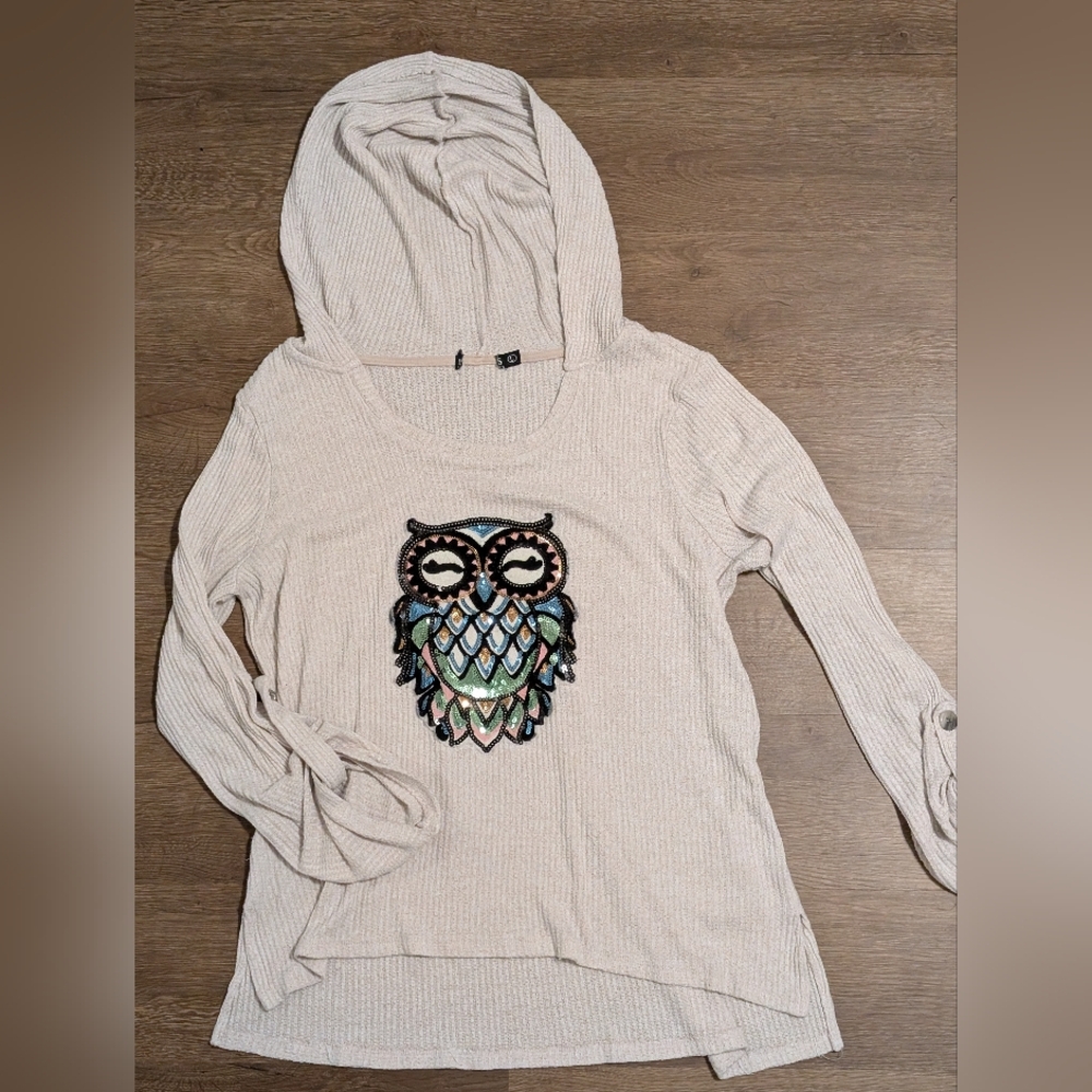 No Boundaries Owl Sequin Hooded waffle Knit Sweater - Cream